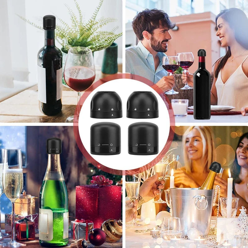 A collection of reusable silicone wine bottle stoppers and accessories displayed in various contexts.