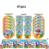 A set of 41 birthday party decorations featuring colorful characters and text on plates and banners.