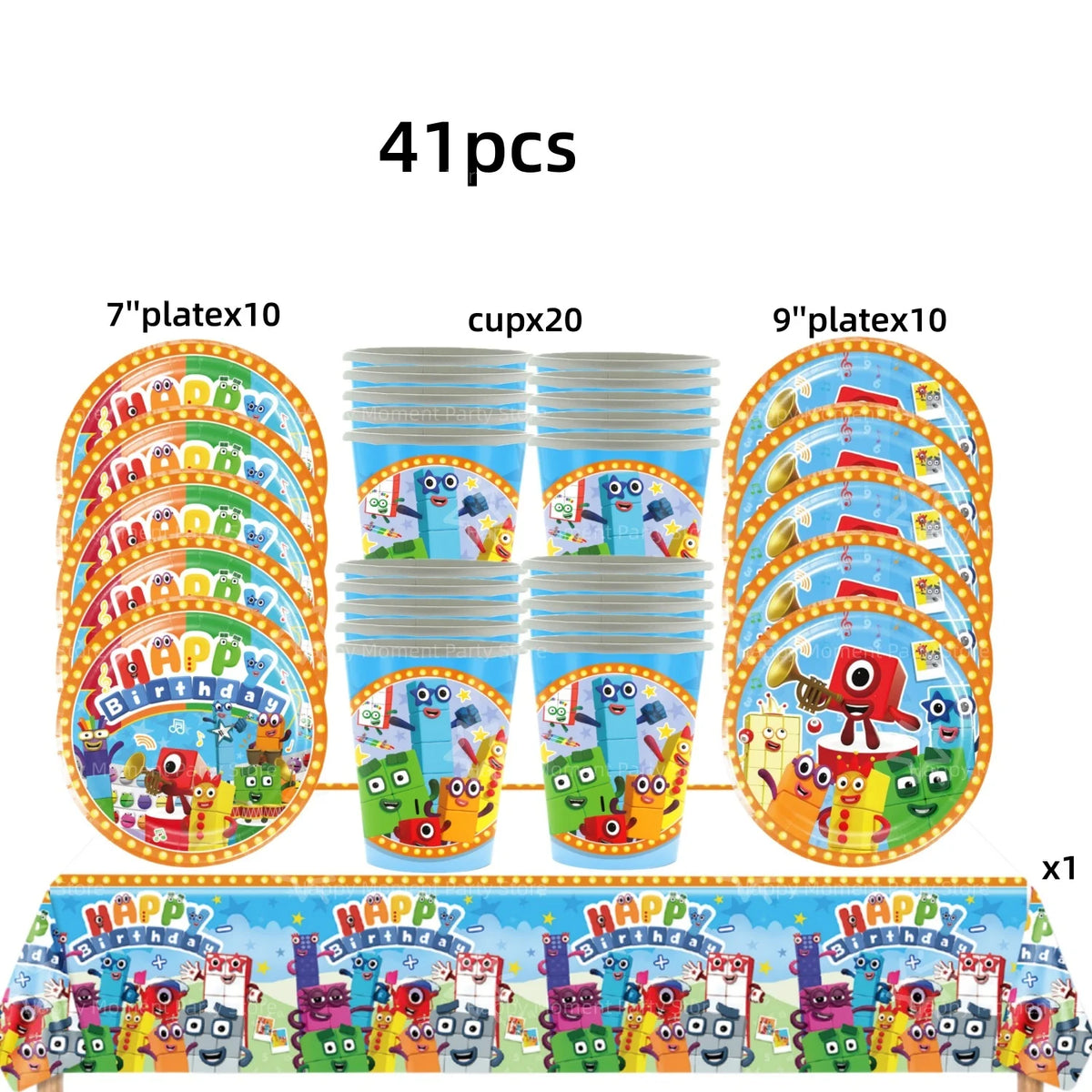 A set of 41 birthday party decorations featuring colorful characters and text on plates and banners.