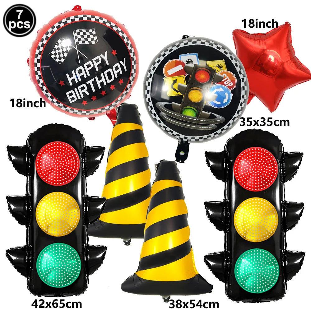 Race Car Birthday Party Balloon Decoration Set with Traffic Lights, Cones & Checkered Flags