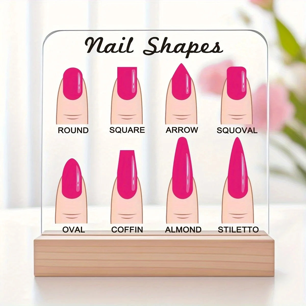 A display board showing various nail shapes including round, square, arrow, squoval, oval, coffin, almond, and stiletto desig