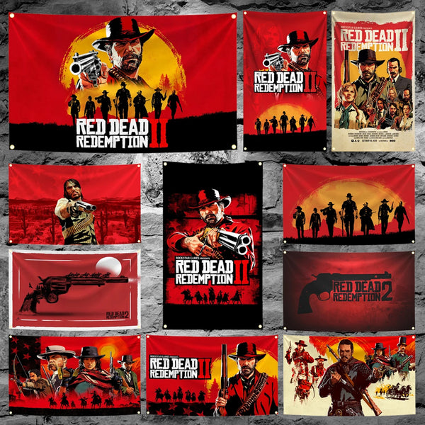 A collection of Red Dead Redemption 2 themed polyester flags and tapestries featuring characters and scenes.