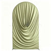 A draped, olive green spandex arch cover used for weddings and events.