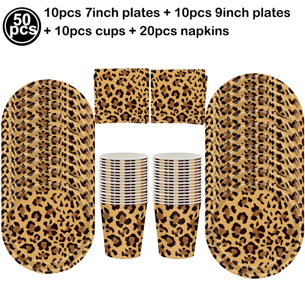 A set of leopard print plates, cups, and napkins for party decorations.