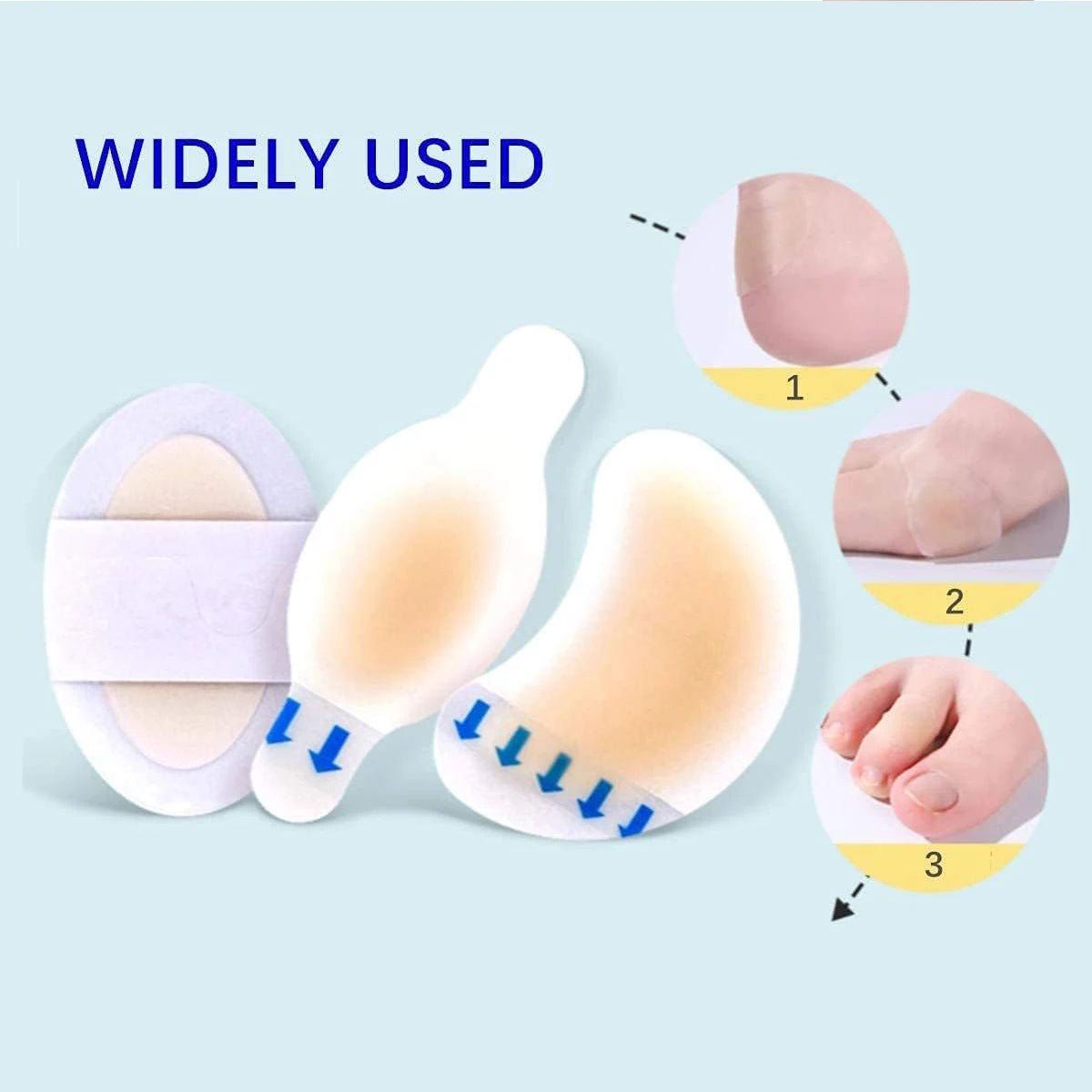 Three illustrations show the application of invisible hydrocolloid blister plasters on skin for protection.