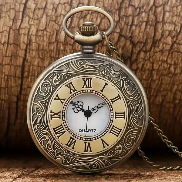 Vintage bronze quartz pocket watch with a chain, featuring an ornate dial and decorative engraving.