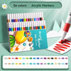 A set of 36 colored acrylic markers in a plastic case with an open marker shown next to it.