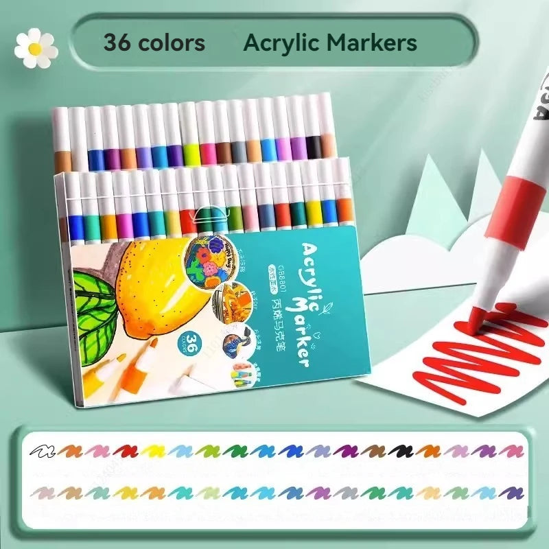 A set of 36 colored acrylic markers in a plastic case with an open marker shown next to it.