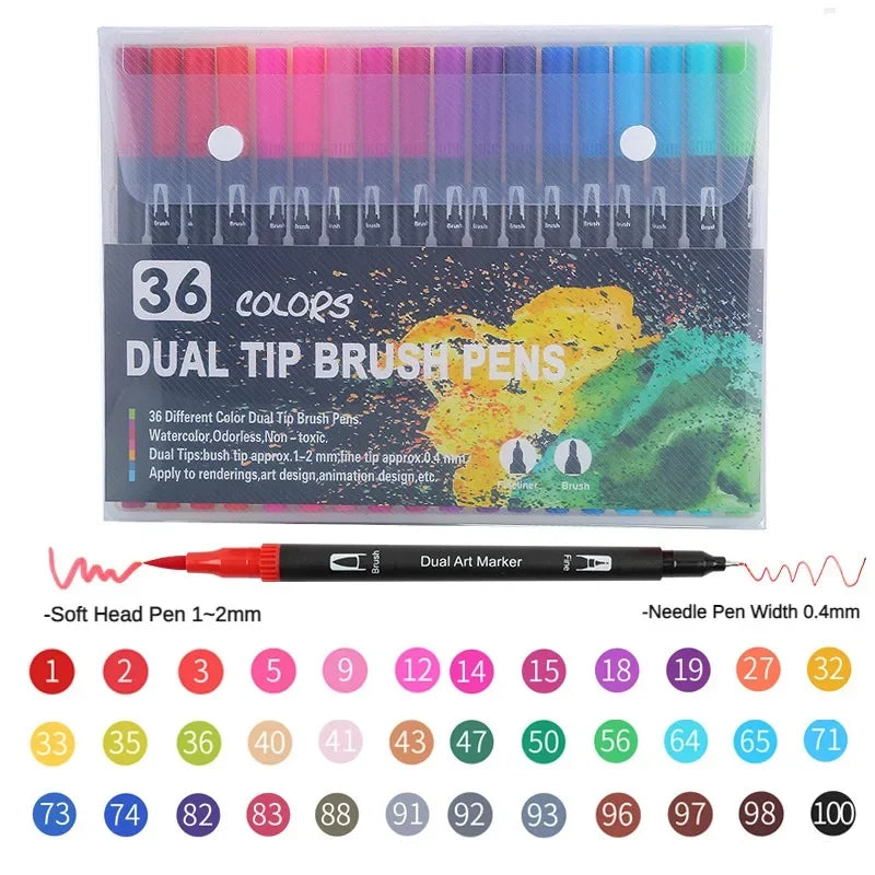 A set of 36 dual tip brush pens in various colors and sizes for art and design