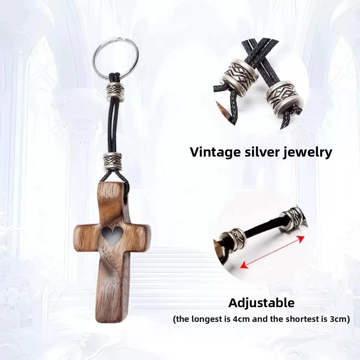 Vintage silver jewelry featuring a wooden cross pendant and adjustable chain.