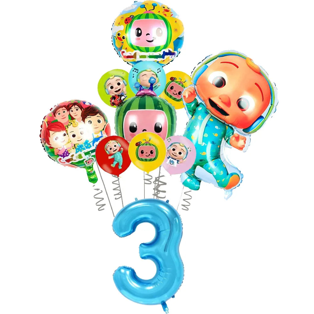 A set of cartoon Cocomelon watermelon foil balloons featuring various characters and a large number three balloon.