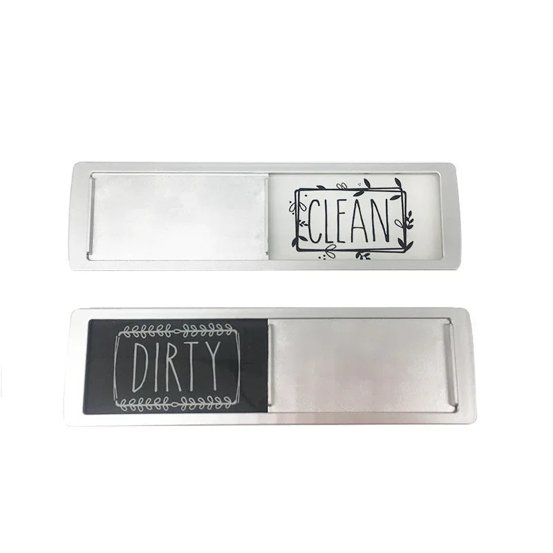 A set of two rectangular dishwasher magnet signs, one labeled CLEAN and the other labeled DIRTY.