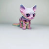 A small, articulated 3D printed figurine of a Siamese cat with purple and pink coloration.