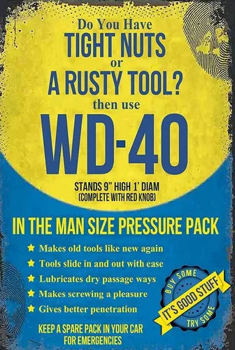 Vintage yellow sign advertising WD-40 for tools in the man size pressure pack
