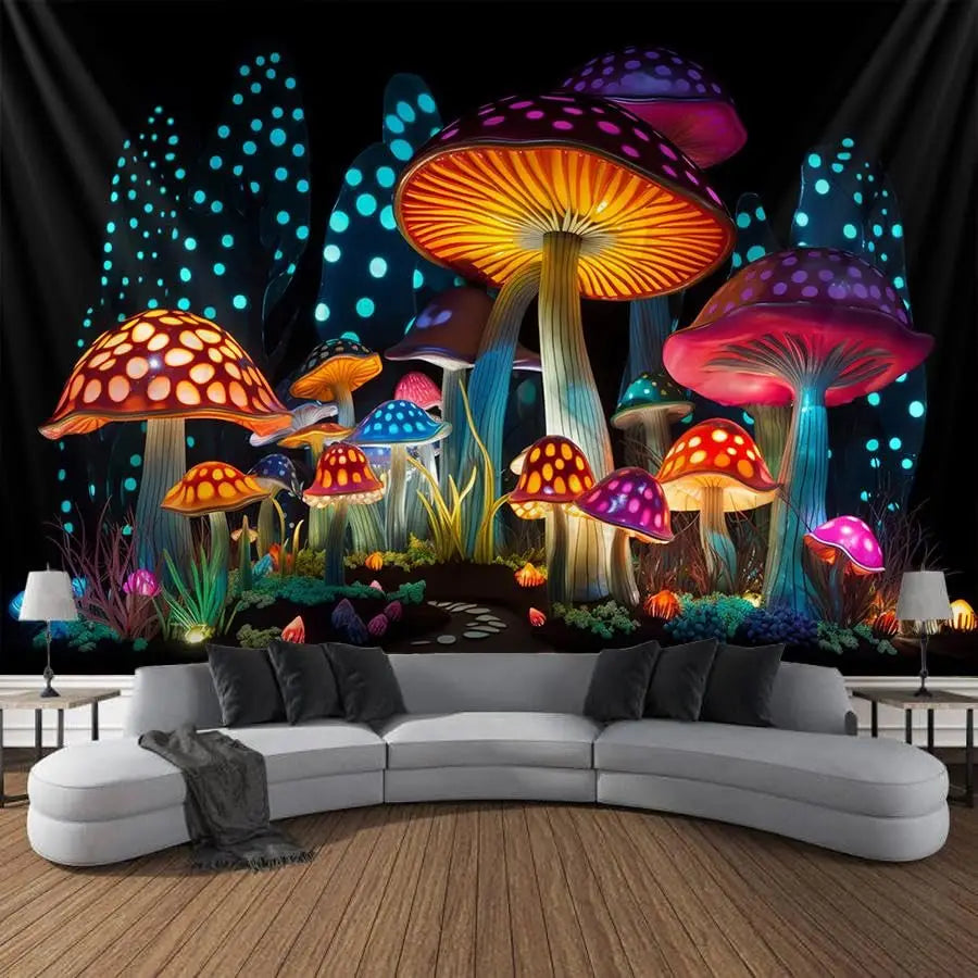 A dark tapestry wall decor featuring glowing bioluminescent mushrooms and foliage against a dark background.