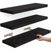 Black wooden floating wall shelves with hidden brackets shown in multiple angles.
