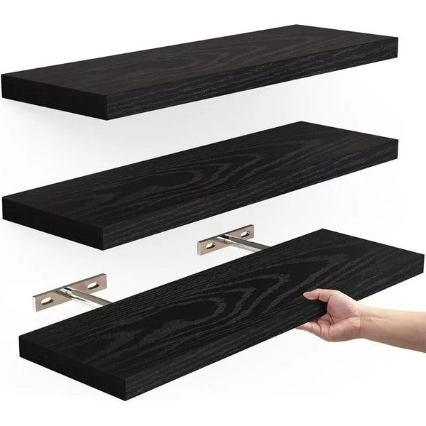 Black wooden floating wall shelves with hidden brackets shown in multiple angles.