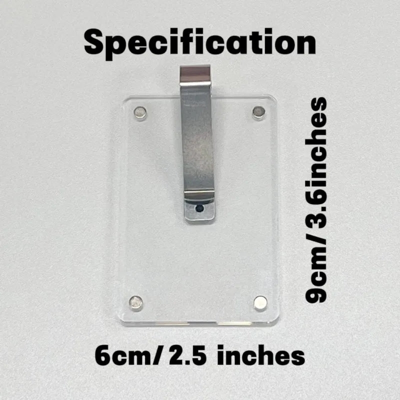 A clear acrylic photo frame with a magnetic visor clip holder, measuring 9cm/3.6inches by 6cm/2.5inches.