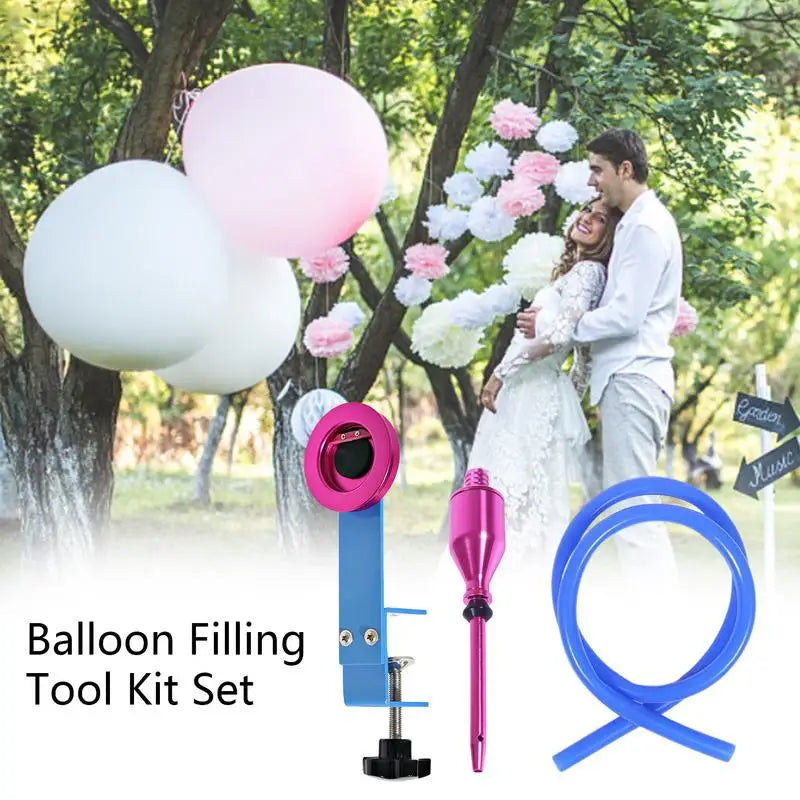 A tool kit set for balloon filling, including a pink metal inflator and blue tools, shown outdoors.