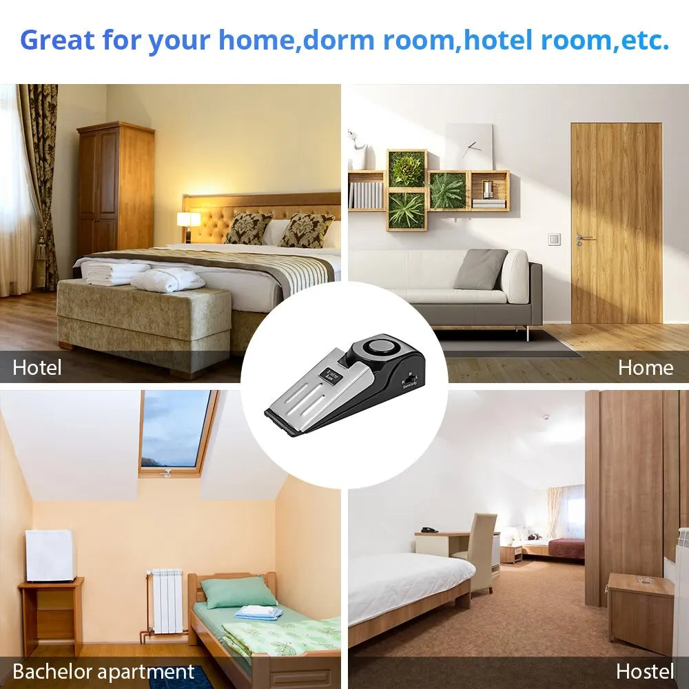 A set of dual door stop security alarms shown in various residential and hospitality settings.