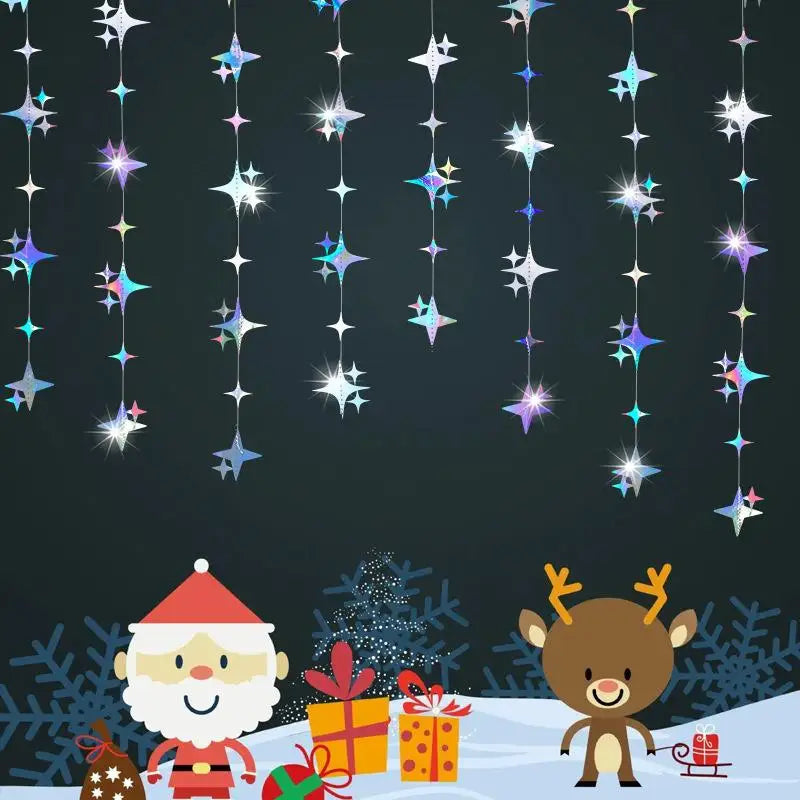 A festive Christmas scene featuring a garland of glittering stars and polka dots, alongside a Santa figure and wrapped gifts.