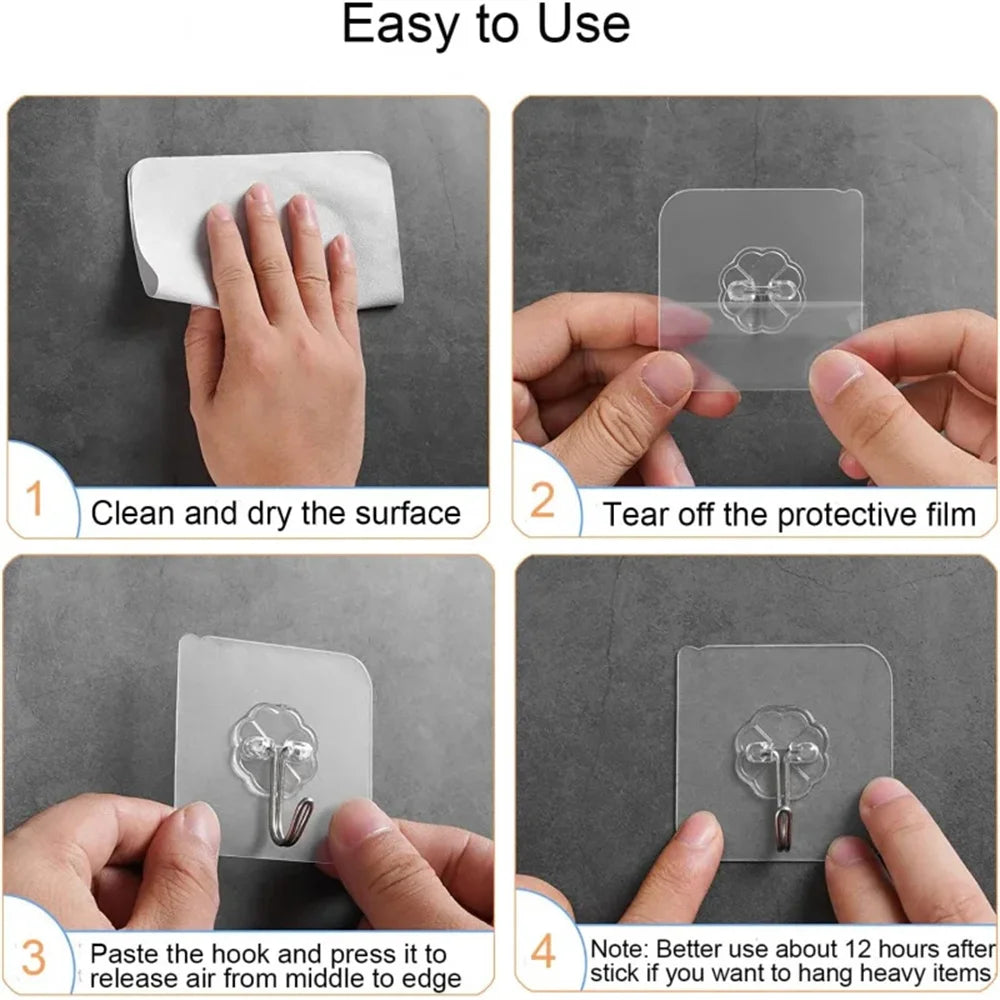 Demonstration of how to use heavy duty self-adhesive wall hooks, showing cleaning, removing the film, and pasting the hook.