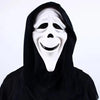 A white screaming skeleton horror mask with a black hood and smiling facial expression.