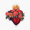 A red heart with roses and flames, representing a religious theme.