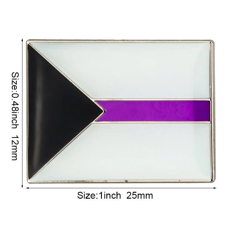 A square lapel pin featuring a black triangle and a horizontal purple stripe on a white background.