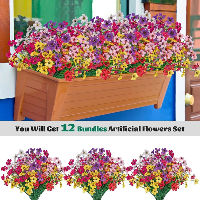 A set of 12 bundles of mixed color artificial flowers displayed in a wooden planter box.