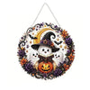 Acrylic diamond painting kit featuring Halloween designs including a black cat, moon, skull, and pumpkin.