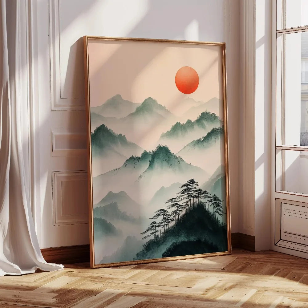 Frameless Japanese tree art canvas print featuring misty green mountains and an orange sun.
