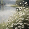 A retro oil painting depicting a river landscape with fields of white daisies along the bank.