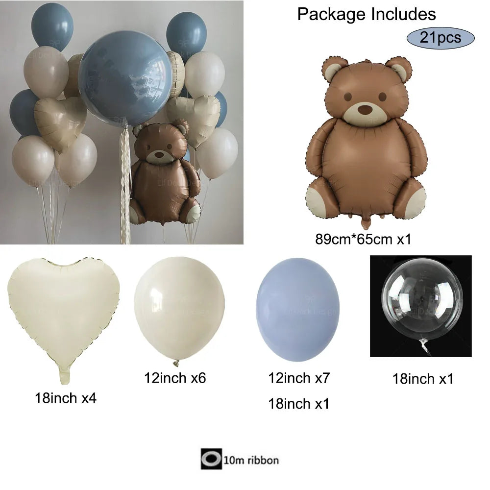 A package of balloons includes a brown teddy bear, various sized balloons, and ribbon.
