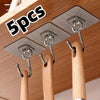Five stainless steel adhesive wall hooks are displayed hanging from wooden rods for home organization.