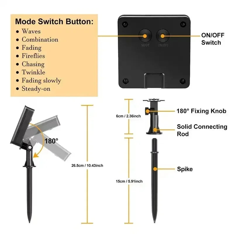 A black mode switch button and a spike with various dimensions shown for solar powered fairy lights.