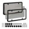 A universal license plate frame with mounting screws and various hardware components for cars and trucks.
