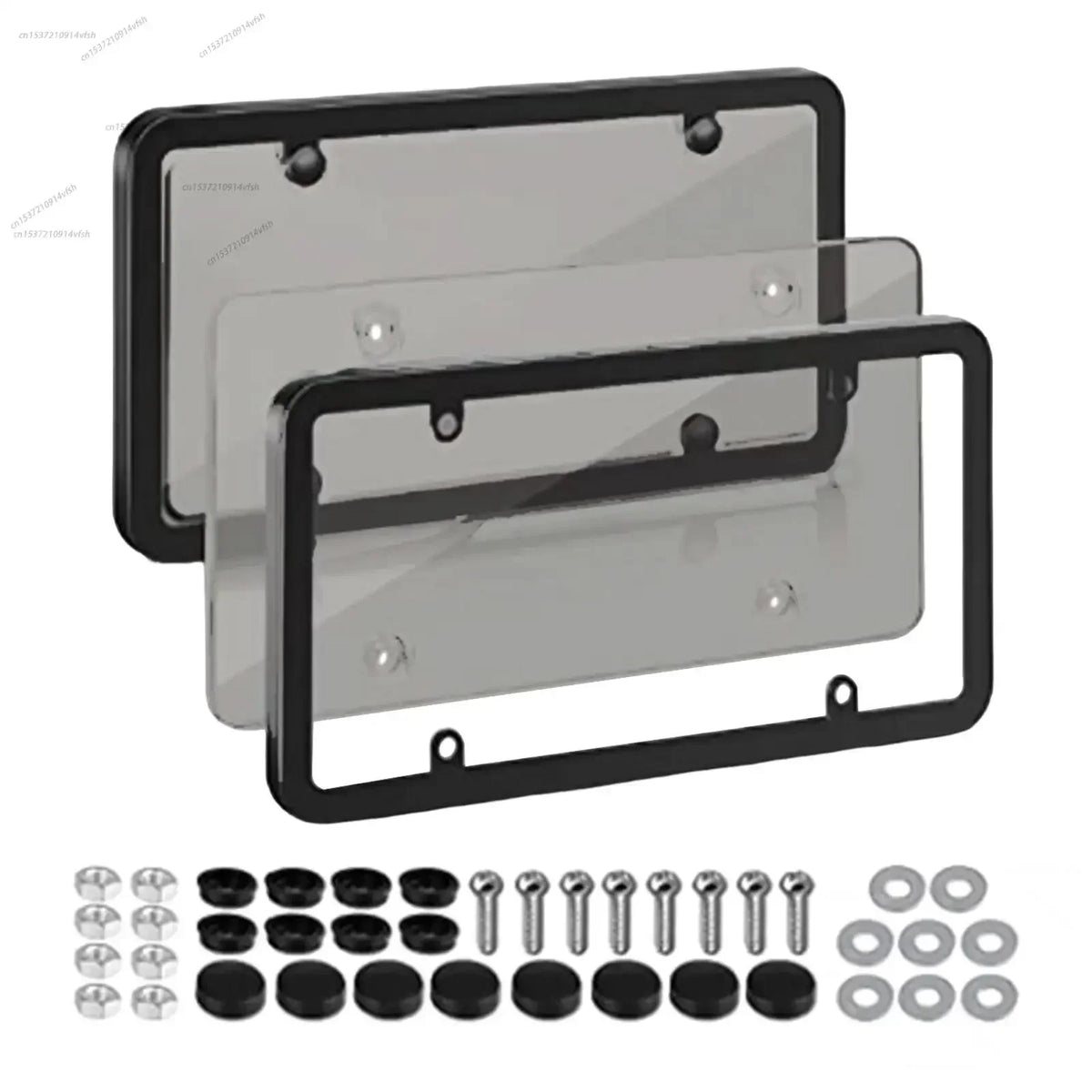 A universal license plate frame with mounting screws and various hardware components for cars and trucks.