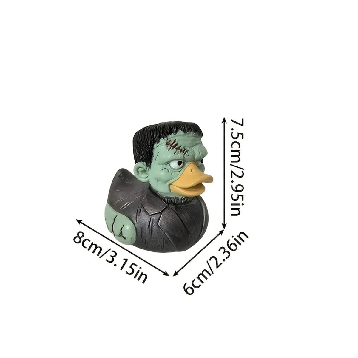 A small figurine of a green, grotesque duck with a menacing expression, used for Halloween decor.