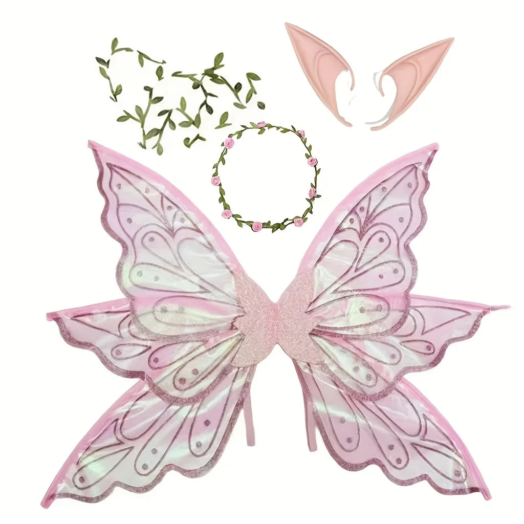 Pink iridescent butterfly wings and a flower crown for an enchanted fairy costume set