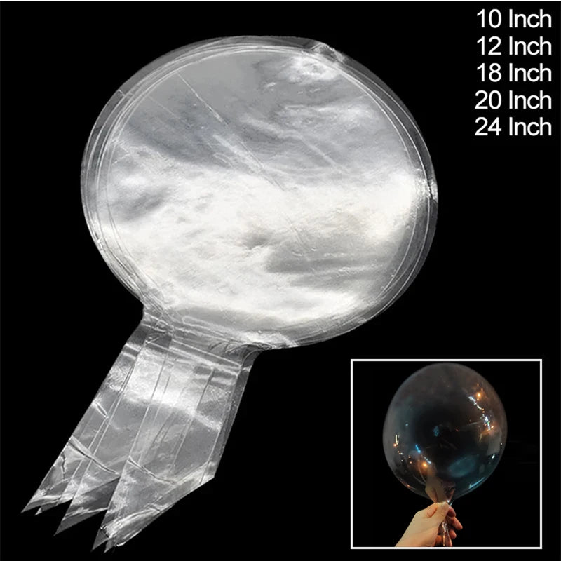 A transparent inflatable balloon is shown, with various size options listed, and an inset shows a single inflated balloon.