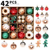 A collection of 42 shatterproof Christmas ball ornaments in various colors and finishes.