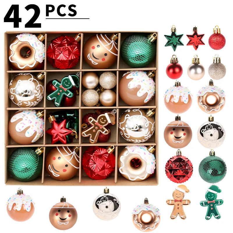 A collection of 42 shatterproof Christmas ball ornaments in various colors and finishes.