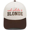 Casquette de style camion beige brodée avec texte marron indiquant rouge blanc et BLONDE