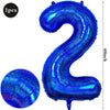 A large, shiny blue foil number balloon shaped like the number 2.