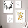 A gallery wall featuring three minimalist line art prints depicting hands, a heart, and a quote.