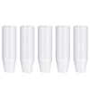 A set of 100 clear reusable plastic shot glasses arranged in a row.