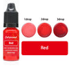 A bottle of red liquid colorant with dropper tips showing 1, 2, and 3 drops of red pigment.