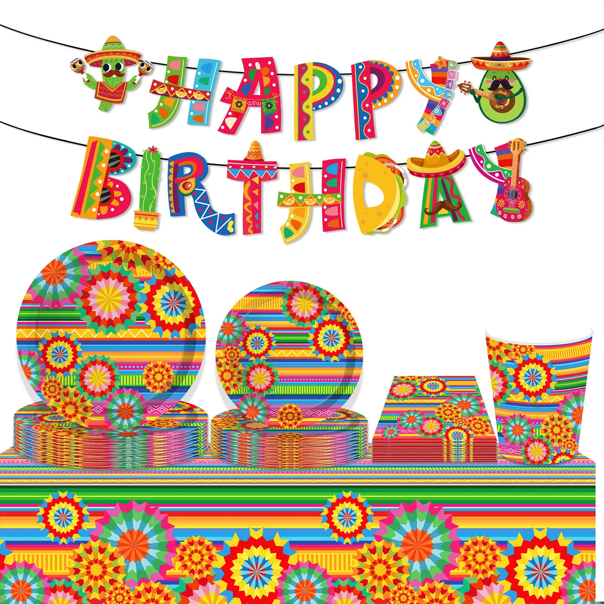 A colorful banner with birthday letters and a vibrant floral pattern background.