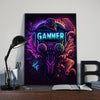 A dark canvas print featuring a vibrant purple and neon green graphic of a gamer silhouette surrounded by stylized digital el